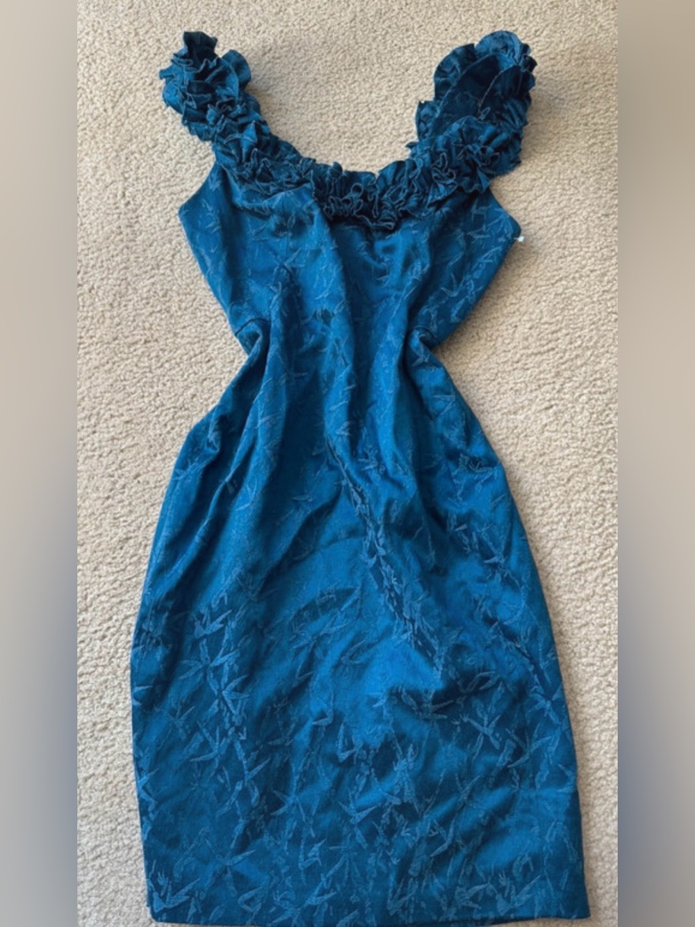 Vintage 90s Maggy London Teal One-Shoulder Ruffle Sheath Dress classy